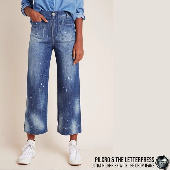 ANTHROPOLOGIE PILCRO ULTRA HIGH-RISE CROPPED WIDE-LEG JEANS IN BLEACH SPLATTER - Picture 1 of 16